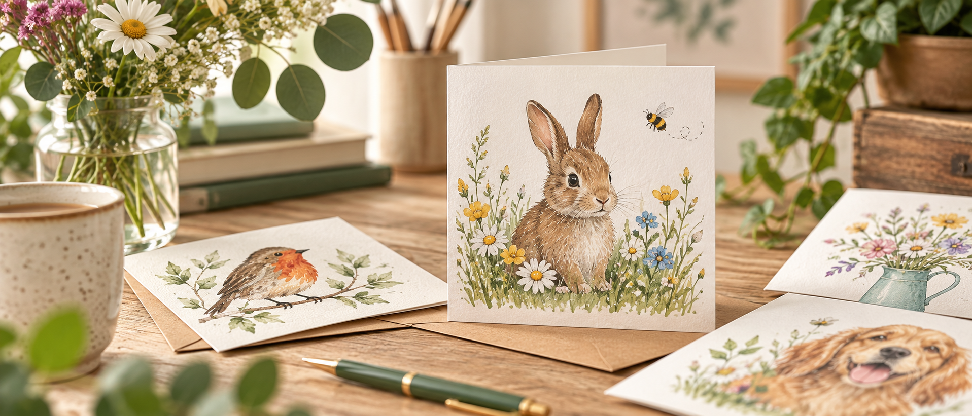 Greeting cards — a hare, robin and flowers — arranged on a wooden table