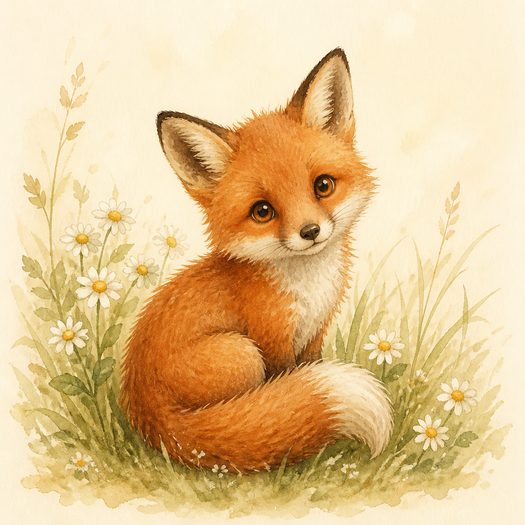 Watercolour fox cub sitting among daisies