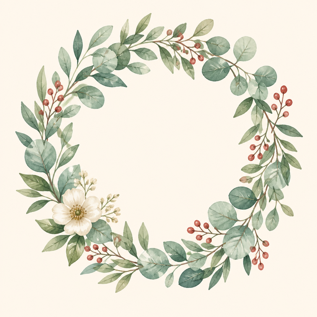 Watercolour botanical wreath of sage, berries and blossom